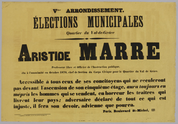 Plakat mit schwarzem Text, der "Elections Municipales Aristide Marre" auf einem weißen Hintergrund zeigt.