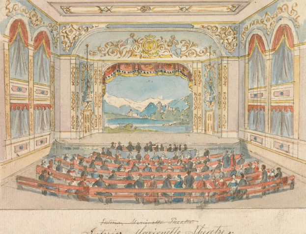 Eine Zeichnung eines Theaterauditoriums mit sitzenden Menschen, detaillierten Wanddesigns, einer beleuchteten Decke und dekorativem Text am Boden.