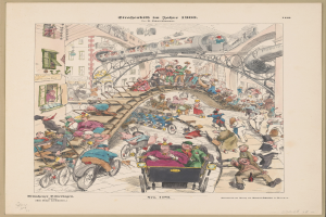 Ein altes Buch mit einer Zeichnung einer aufgeregten Menge an einem Bahnhof von 1900, gerahmt und beschriftet mit "Straßenbild im Jahre 1900".