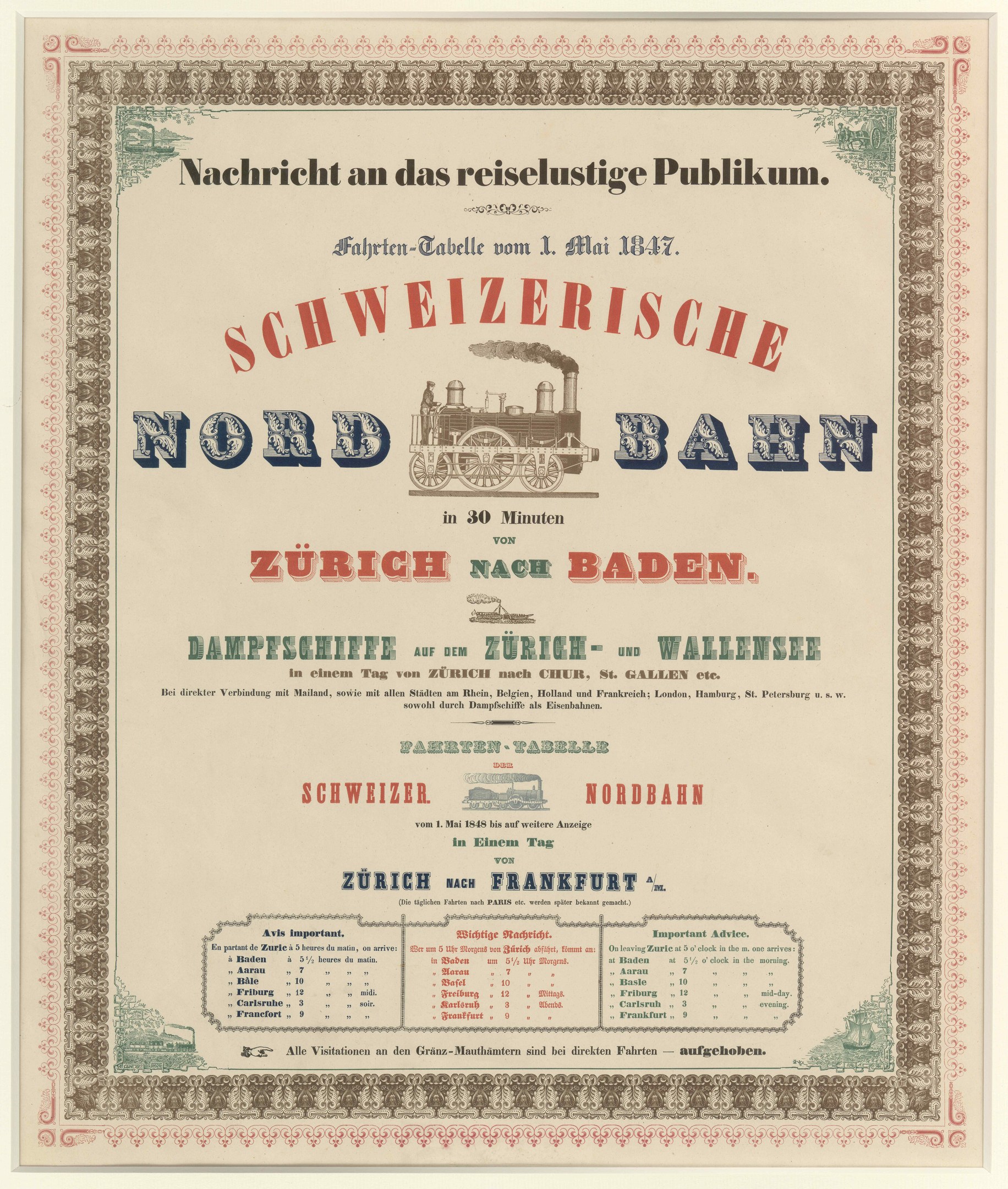 Plakat mit einem Zug, auf dem "Schweizerische Nordbahn in Baden, Deutschland" steht, auf einem hellgelben Hintergrund mit schwarzem und weißem Karomuster und einem dekorativen Rand.