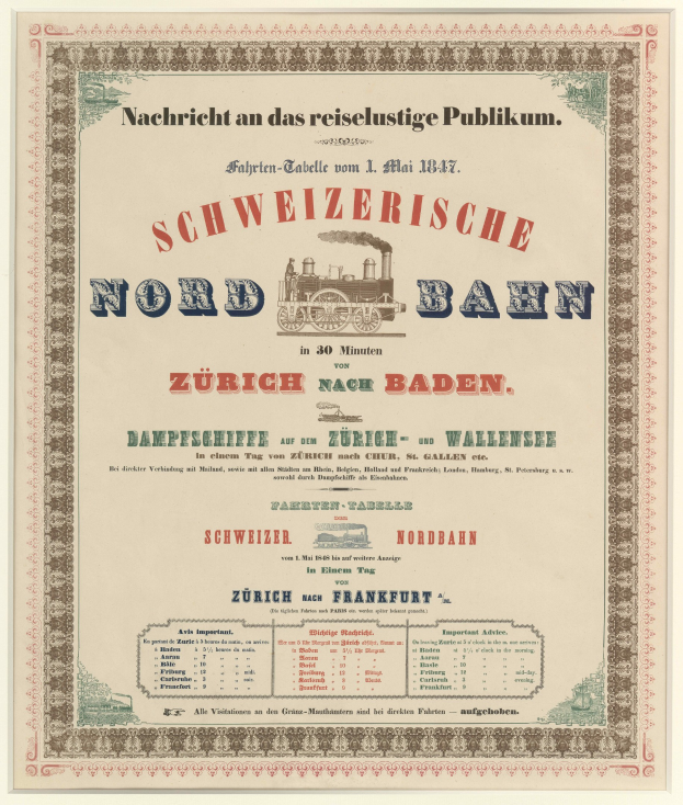 Plakat mit einem Zug, auf dem "Schweizerische Nordbahn in Baden, Deutschland" steht, auf einem hellgelben Hintergrund mit schwarzem und weißem Karomuster und einem dekorativen Rand.
