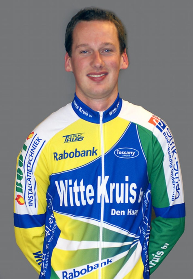 Ein Sportler, der für ein Foto posiert und ein Hemd mit mehreren Namen von Sponsorunternehmen trägt.