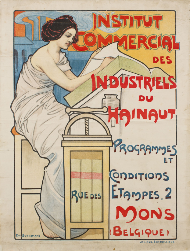 Plakat für das Institut Commercial des Industriels du Hainaut, das eine Frau zeigt, die an einem Tisch sitzt und ein Buch hält, mit Text, der Details über das Institut gibt.