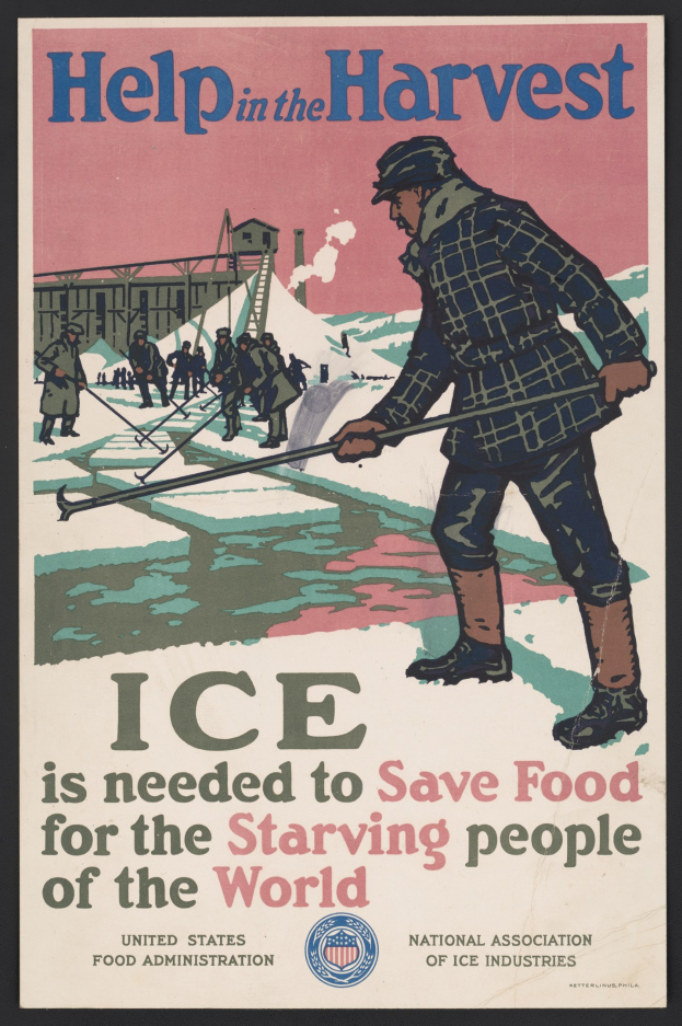 Plakat mit einer Person in einem weißen Hemd und blauen Jeans mit einem entschlossenen Gesichtsausdruck, die in einem verschneiten Feld unter einem hellblauen Himmel steht, umgeben von fetter schwarzer Schrift, die "Hilfe bei der Ernte - Eis wird benötigt, um Lebensmittel für die hungernden Menschen der Welt zu retten" lautet.