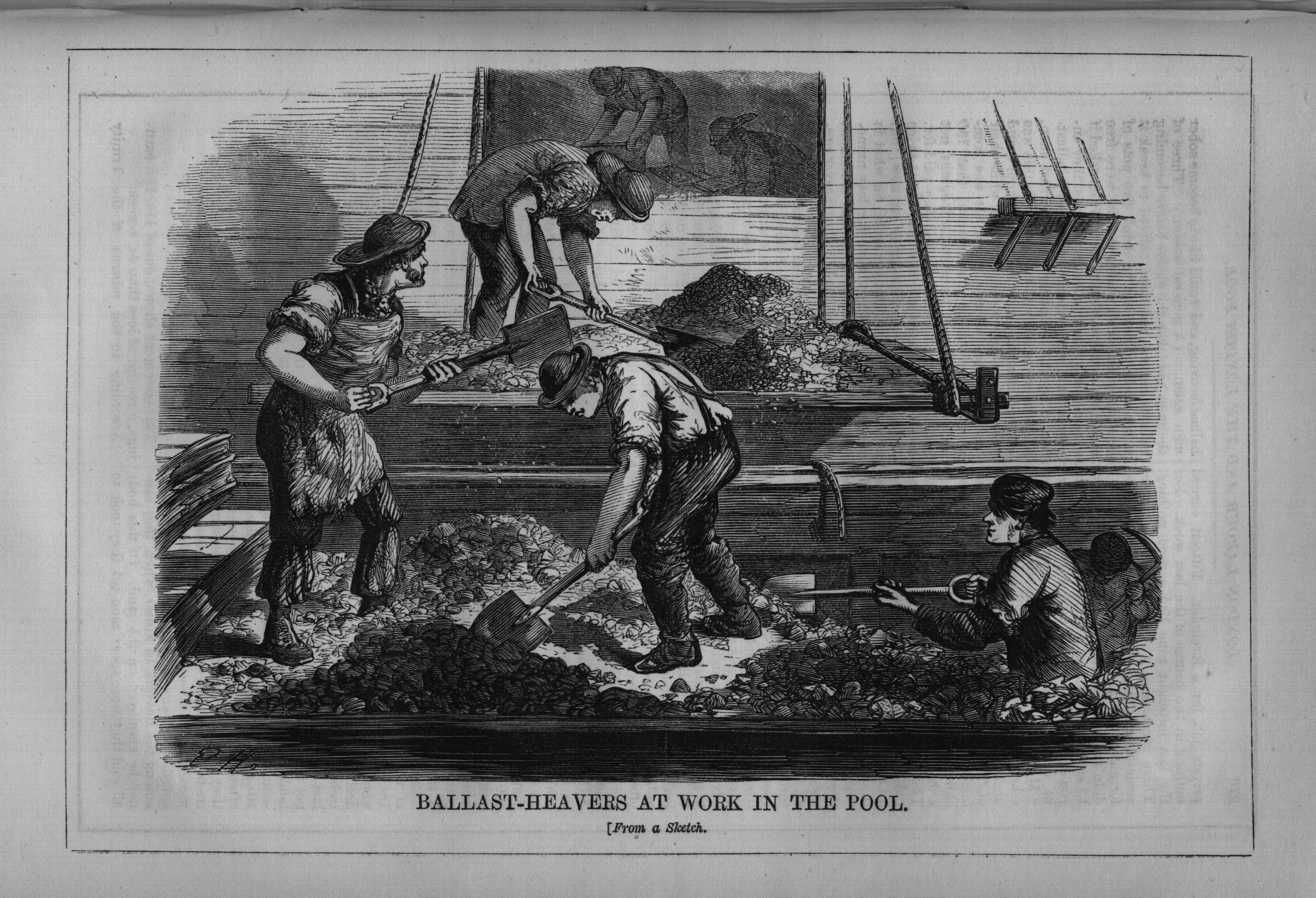 Schwarzes und weiße Bild von Menschen im Pool bei der Arbeit, einige halten Schaufeln, mit dem Text "Ballast-Heavens bei der Arbeit im Pool" unten.