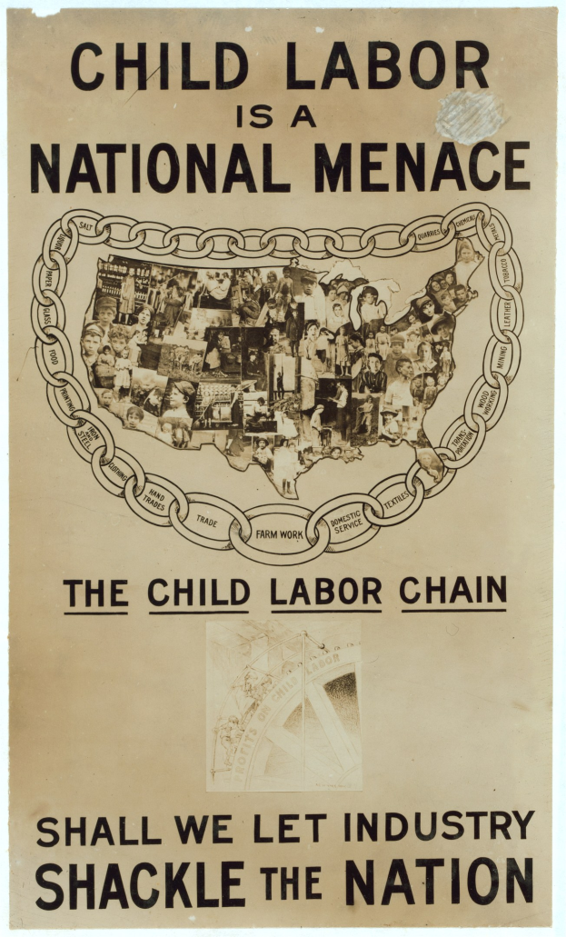 Plakat mit der Aufschrift "Kinderaustellung ist eine nationale Bedrohung - Sollen wir die Industrie das Land fesseln lassen" mit fetter schwarzer Schrift auf einem weißen Hintergrund, das eine vielseitige Gruppe von Menschen zeigt, die gemeinsam stehen.