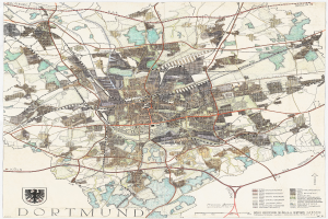 Ein alter Stadtplan von Dortmund, Deutschland, auf einem Poster mit Logo und Text unten.