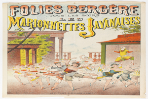 Ein Plakat für eine Tanzshow in Paris, das eine Gruppe von Menschen zeigt, die im Vordergrund tanzen, mit einem Gebäude, Bäumen und Himmel im Hintergrund und Text auf dem Plakat.