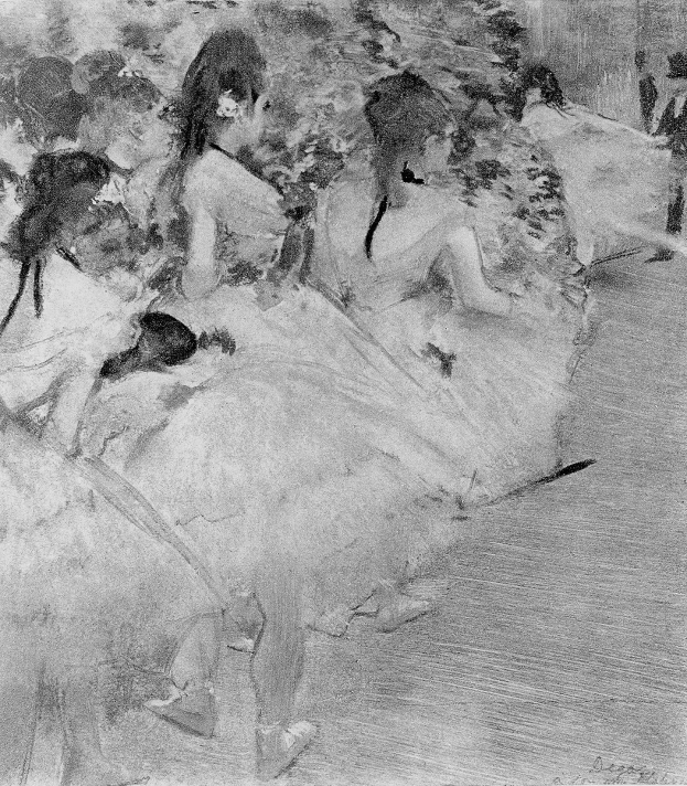 Schwarzer und weißer Zeichnung einer Gruppe von Tänzern in einem Studio, einer steht in der Mitte, trägt bunte Tutus und Spitzenschuhe mit anmutigen Posen und einem unscharfen Hintergrund.