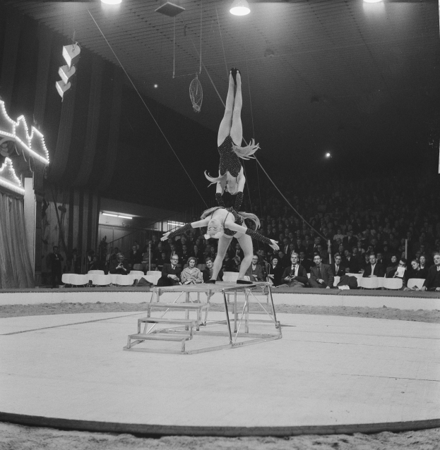 Zwei Akrobaten treten auf einer von Deckenleuchten beleuchteten Bühne auf, mit einem sitzenden Publikum im Hintergrund.