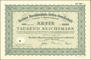 Altes deutsches Aktienzertifikat mit schwarzem und grünem Rand, das gedruckten Text enth├Ąlt, der die Ausgabe durch die Regierung angibt.