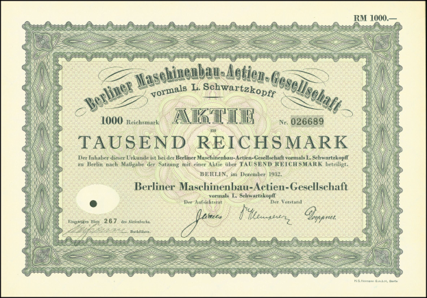 Altes deutsches Aktienzertifikat mit schwarzem und grünem Rand, das gedruckten Text enth├Ąlt, der die Ausgabe durch die Regierung angibt.