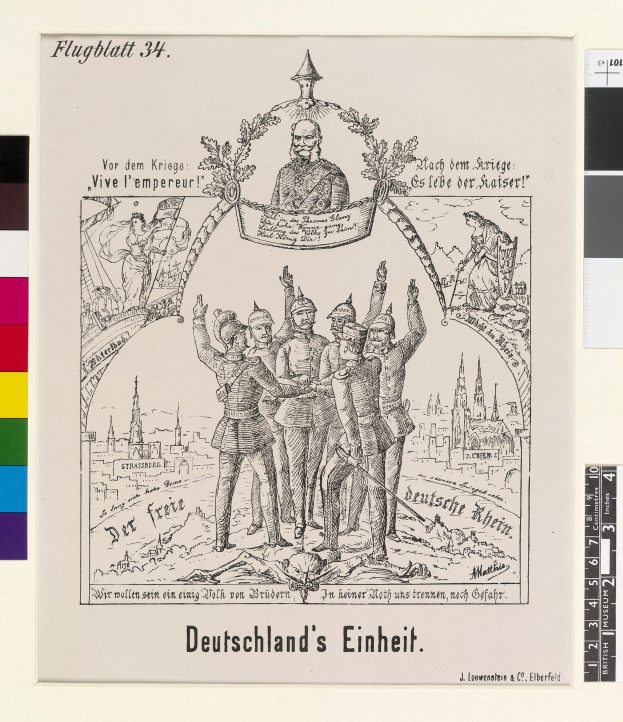 Ein Plakat mit einer Zeichnung von Menschen in traditioneller deutscher Tracht vor einem stilisierten Gebäude, mit Übertext.