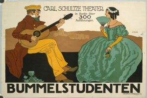 Ein Plakat wirbt für ein Konzert im Carl-Schulze-Theater in Berlin, Deutschland, mit einem Mann, der eine Gitarre spielt und einer Frau, die einen Fächer hält.