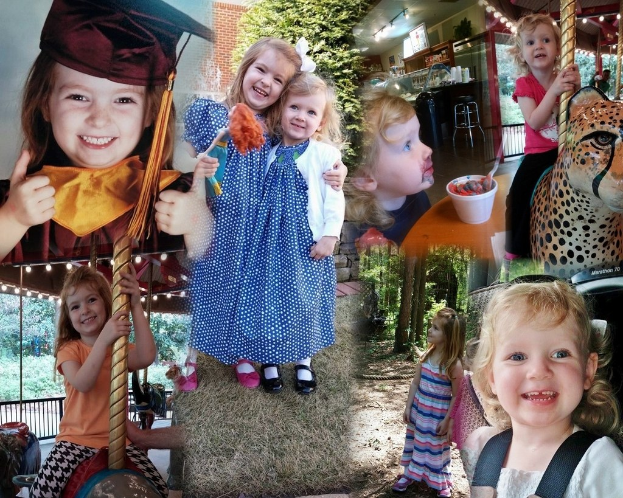 Collage mit lustigen Fahrgeschäften, Kindern an einem Tisch mit Essen, Besteck, Umgebungslichter, Grünzeug, einem Seil und einem Hut.