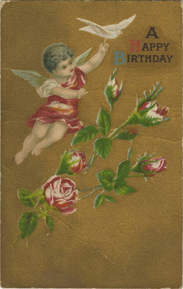 Altmodische Geburtstagskarte mit einem Amor in einem weißen Kleid mit Flügeln, der eine Taube und einen Strauß voller roter Rosen mit grünen Blättern hält, begleitet von Geburtstagswünschen.