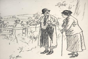 Ein Mann und eine Frau stehen Seite an Seite auf einem Feld, der Mann hält einen Stock, mit Tieren, Bäumen und einem Zaun im Hintergrund; Text unten lautet "Die Farmerin von Sir Edward Burne-Jones."