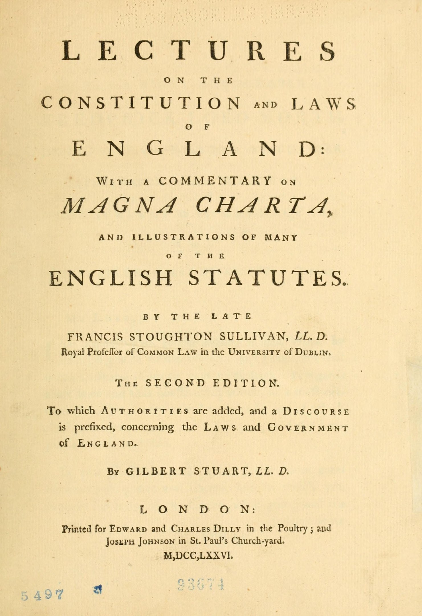 Ein offenes altes Buch mit dem Titel "Vorträge über die Verfassung und Gesetze Englands mit einem Kommentar zur Magna Charta und Illustrationen vieler englischer Gesetze" zeigt eine Seite mit schwarzer Tinte.