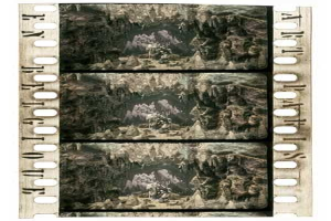 Filmstreifen mit einem Schwarz-Weiß-Foto einer verzweifelten Gruppe in einer Höhle, betitelt 'The Last of Us' in fetter weißer Schrift auf einem dunklen blauen Hintergrund.