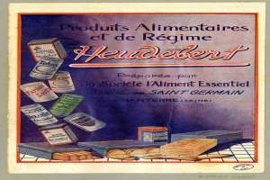 Ein Plakat mit verschiedenen Lebensmitteln, darunter Schachteln, und dem Text "Heidelberg - Produkte für Ernährung und Diät Heidelberg".