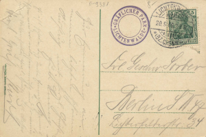 Alte Postkarte mit einer Briefmarke, die "Lichtenwald, Deutschland - Einschreiben nach Deutschland" lautet, mit handgeschriebenem Text und zwei zusätzlichen Briefmarken in der oberen rechten Ecke.