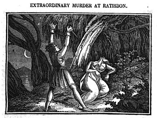 Eine Schwarz-Weiß-Illustration eines Mannes und einer Frau in einem Wald mit Bäumen im Hintergrund, mit dem Text "Überraschender Mord in Ratison" oben und unten.