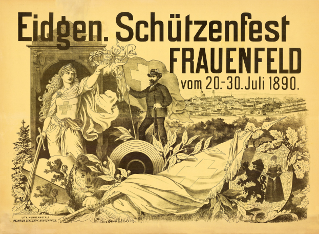 Plakat für das Eidgenössische Schützenfest in Frauenfeld, Deutschland, das einen Mann in einem Anzug und eine Frau in einem Kleid zeigt, die nebeneinander stehen, sowie Ereignisinformationen.