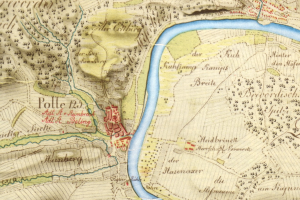 Detailiertes altes Stadtplan von Polle, Deutschland, mit einem Fluss, Straßen und Gebäuden.