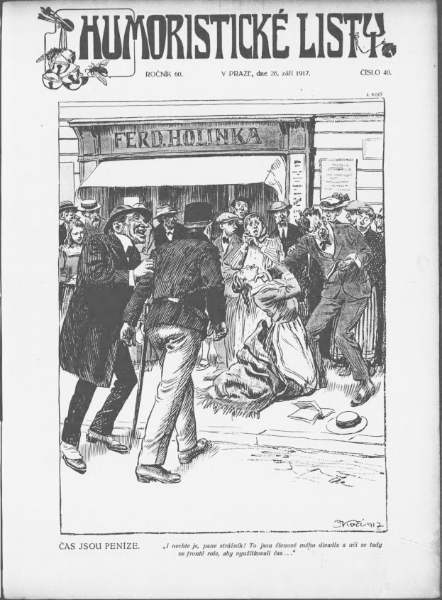 Ein Schwarz-Weiß-Cartoon eines Mannes in Anzug und Krawatte, der vor einer Menge steht, mit einem Gebäude im Hintergrund und dem Text "Humoristische Liste" oben und unten.