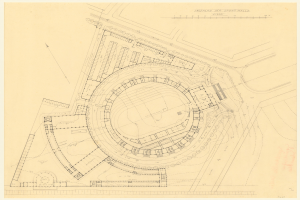 Schwarz-weißer Architekturplan eines Stadions mit umliegenden Gebäuden, beschriftet als der geplante Sport Hall in London.