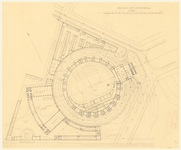 Schwarz-weißer Architekturplan eines Stadions mit umliegenden Gebäuden, beschriftet als der geplante Sport Hall in London.