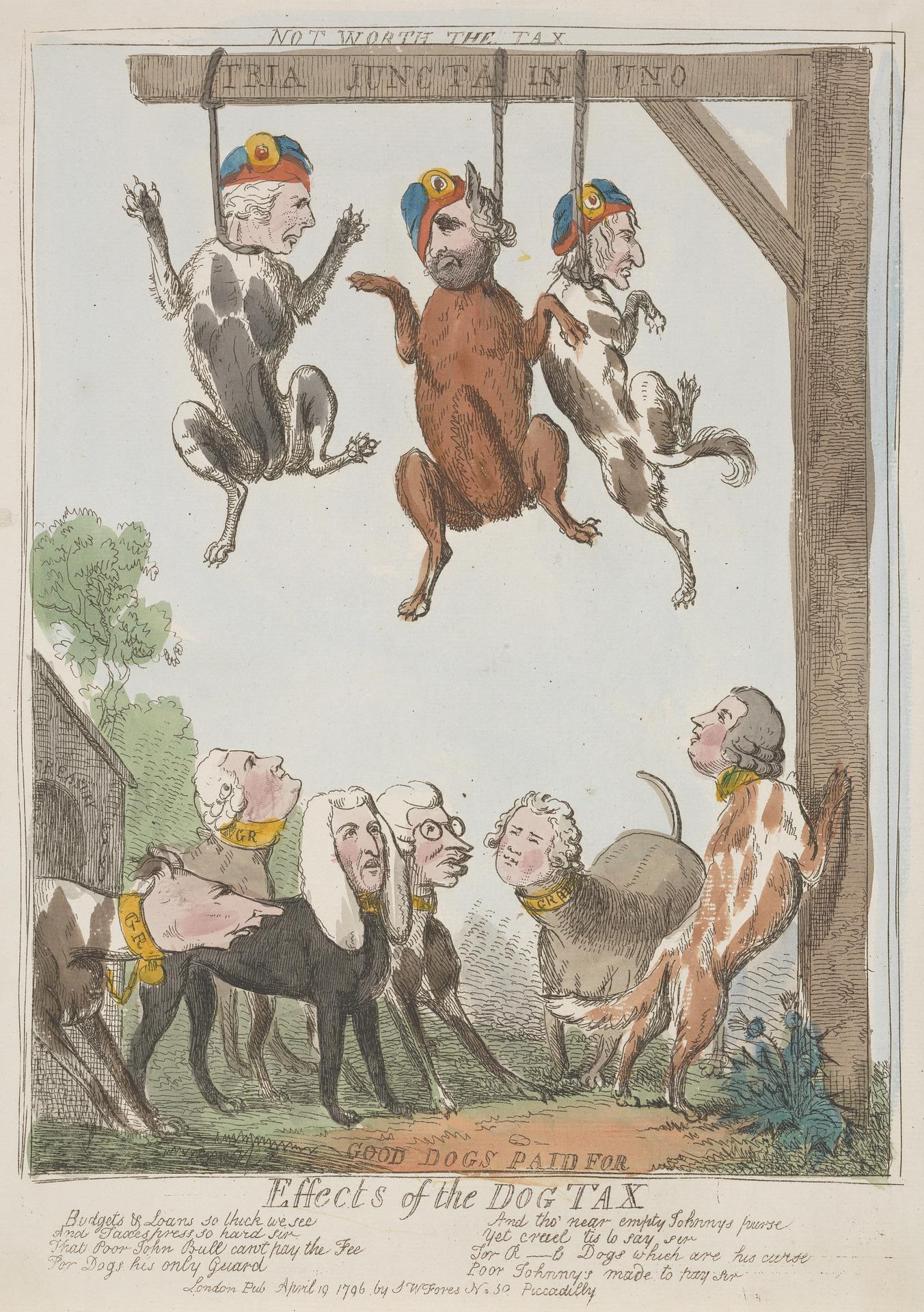 Ein Blatt Papier mit einer Zeichnung von Menschen und Tieren, darunter ein Hund, der an einem Holzpfahl hängt, und etwas Schrift, das wahrscheinlich die Auswirkungen einer Hundesteuer beschreibt.