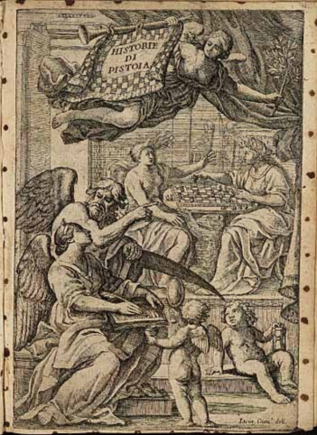 Offenes Buch mit dem Titel "Geschichte der Pistola", das ein Schachspiel mit Spielern zeigt, die Gegenstände halten