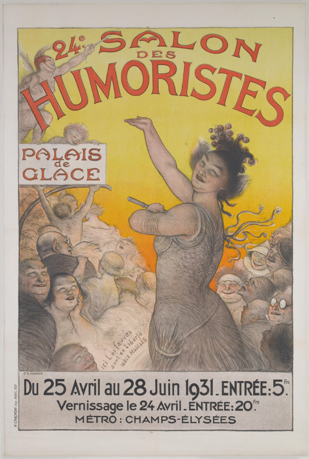 Poster for the Salon des Humoristes in Paris, featuring a woman surrounded by a crowd, with event text.