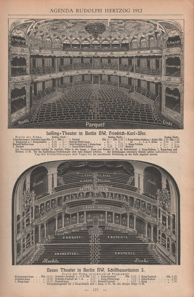 Schwarz-weiß-Illustration einer alten Buchseite mit einem großen Auditorium in Berlin, Deutschland, aus dem Jahr 1912, mit begleitendem Text, der das Layout des Theaters beschreibt.