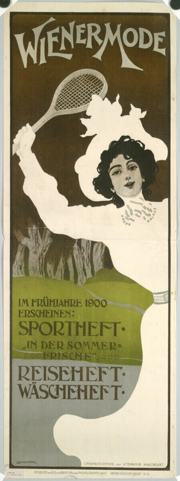 Plakat aus den 1920er Jahren, das ein Tennisturnier bewirbt, mit einer Frau, die einen Schläger hält und Werbetext.