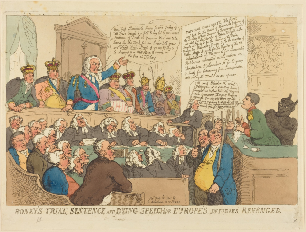 Cartoon-Illustration einer Gerichtsszene mit dem Titel "Boney's Trial, Sentence, and Dying Speech Europe's Injuries Revenged", die eine zentrale stehende Figur zeigt, die sitzende Personen anspricht, mit einem Tisch voller Gegenstände auf der rechten Seite.