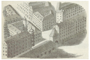 Ein altes Stadtbild mit verschiedenen Architekturgebäuden und Text unten.