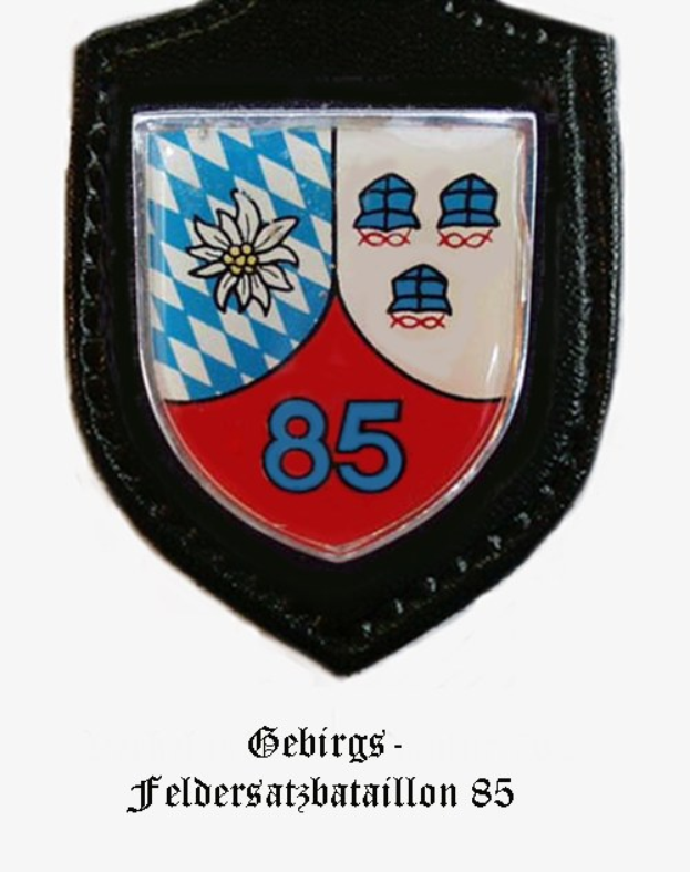 Ein runder Abzeichen mit der Zahl 85 und deutschem Text unten, das das Logo der bayerischen Fussballmannschaft darstellt.