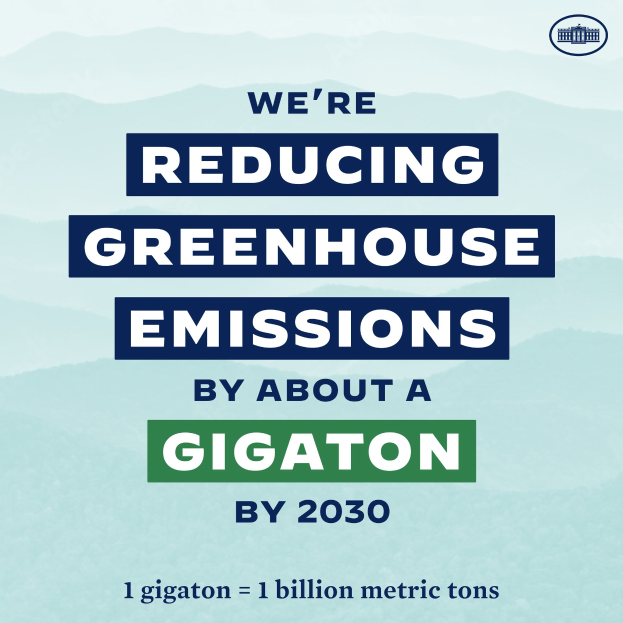 Plakat mit Text und Logo, das "Wir reduzieren die Treibhausemissionen um etwa eine Gigatonne bis 2030", für eine signifikante Reduzierung der Treibhausgase bis 2030 wirbt.