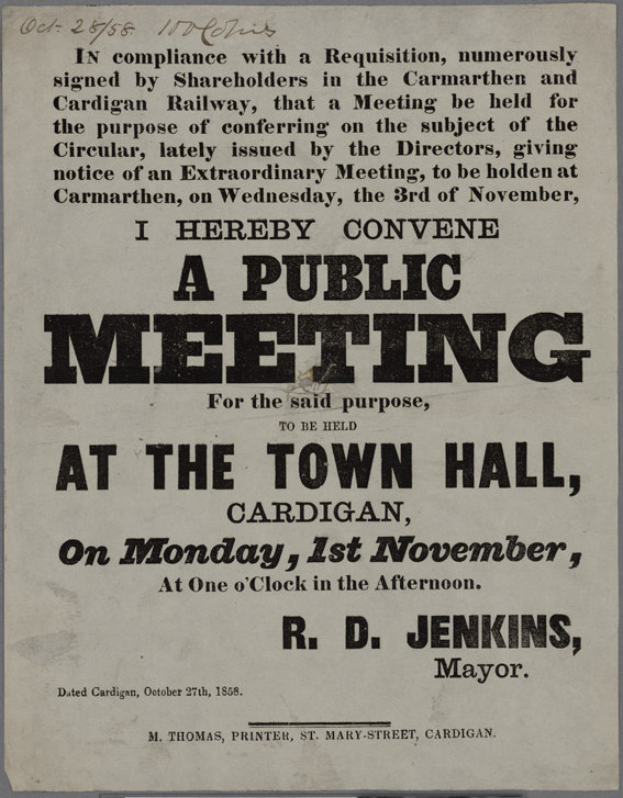 Eine Ankündigung für eine öffentliche Versammlung im Rathaus in Cardigan am Montag, den 1. November 1858, mit Text, der die Veranstaltung beschreibt.