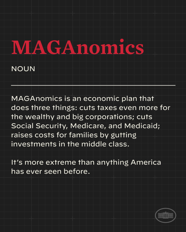 Plakat mit fettem schwarzem Text auf einem weißen Hintergrund, der von einem schmalen schwarzen Rand eingerahmt ist und "Maganomics: Ein Wirtschaftsplan, der drei Dinge tut - Steuern für Wohlhabende und Großkonzerne weiter senken."