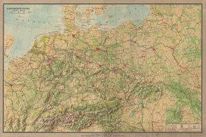 Ein altes Deutschland-Karte mit Straßen, Autobahnen und geografischen Merkmalen mit Text oben und unten.