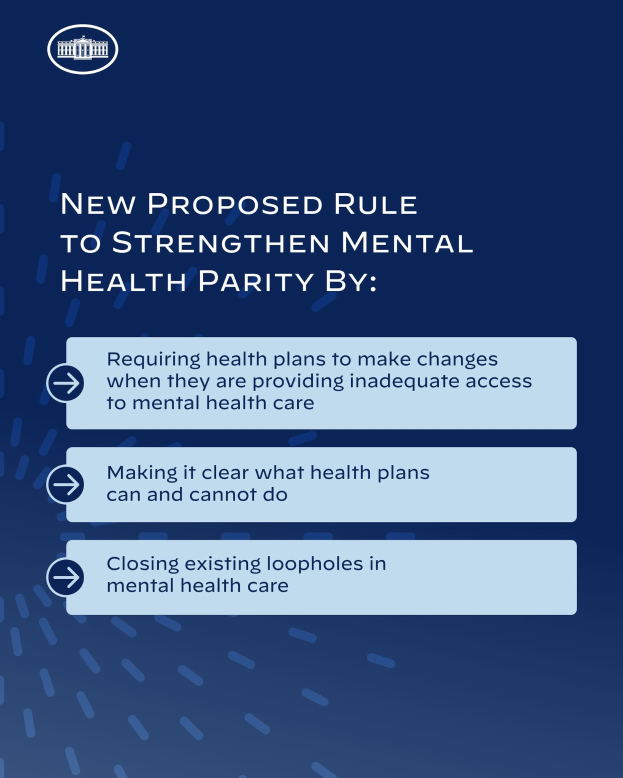 Blauer Hintergrund mit wei├čem Text und einem wei├čem Kreis-Logo mit einer blauen Umrandung, das eine neue Regel zur St├Ąrkung der psychischen Gesundheit umre├čt.