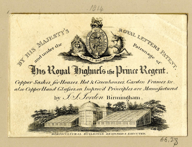 Alte Visitenkarte für "The Royal Highmills of the Prince Regent" mit einer Illustration eines Gebäudes und Bäumen sowie einem Logo.
