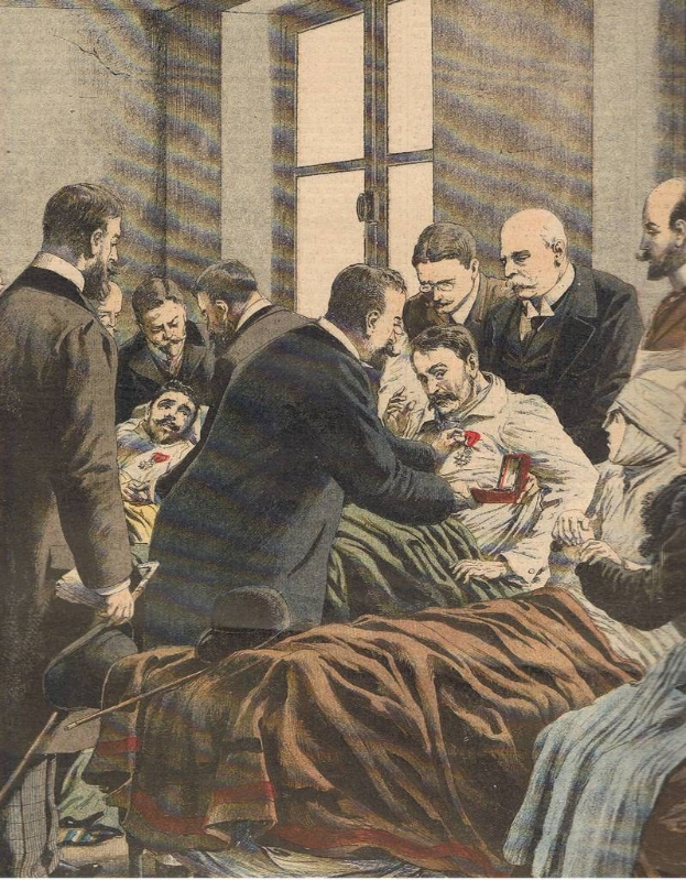 Eine Gruppe von Menschen versammelt sich um einen Mann in einem weißen Laborkittel und Stethoskop, der auf einem Bett in einem Raum mit einem Fenster liegt, mit Text unten, der "KUNSTlers Tod in Paris" lautet.