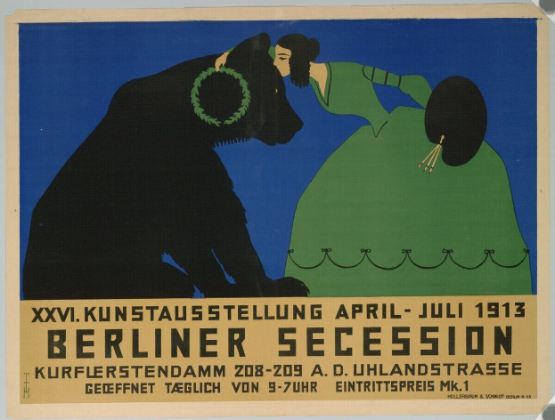 Plakat für die Ausstellung der Berliner Secession 1913, das eine Frau und einen Hund zeigt und Text mit Veranstaltungshinweisen enthält.
