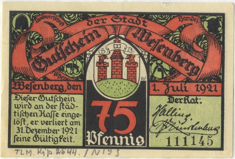 Alte deutsche Banknote mit einem Gebäude, Text "Bundesliga" und einem Logo auf einem weißen Hintergrund.