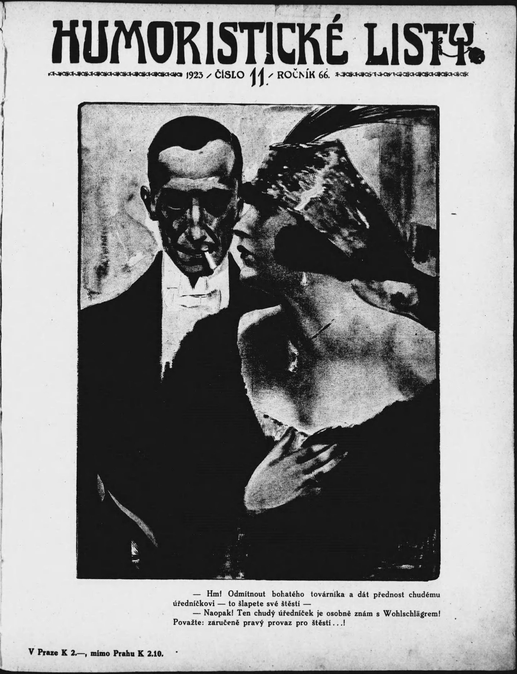 Schwarze und weiße Zeitschriftentitel 'Humoristische Liste' mit einem Mann im Anzug mit ernstem Gesichtsausdruck und einer Frau, die verschmitzt wegsieht.