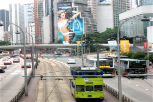 Eine belebte Stadtstraße mit verschiedenen Fahrzeugen, darunter Doppeldeckerbusse, Autos und andere Fahrzeuge, umgeben von Pfählen, Laternen, Schildern, Bannern, Bäumen, einer Brücke und hohen Gebäuden unter einem klaren blauen Himmel, mit Text am unteren Bildrand.